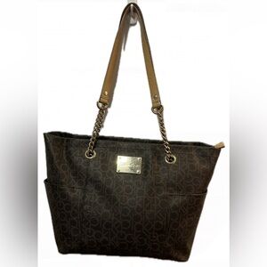 Calvin Klein Brown Leather Monogram Logo Shoulder Purse & Gold Hardware
